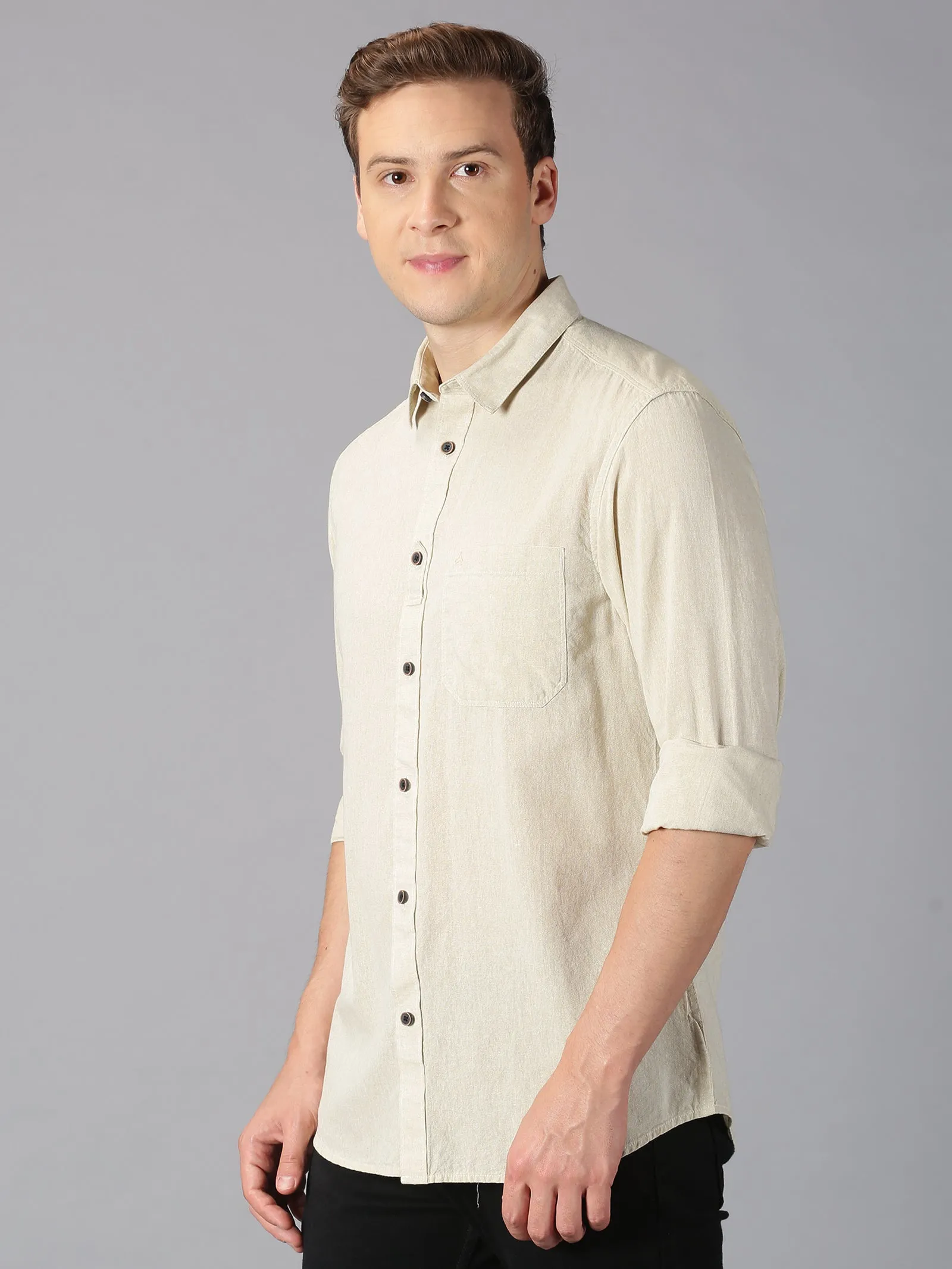 MEN'S BEIGE SOLID SLIM FIT SHIRT