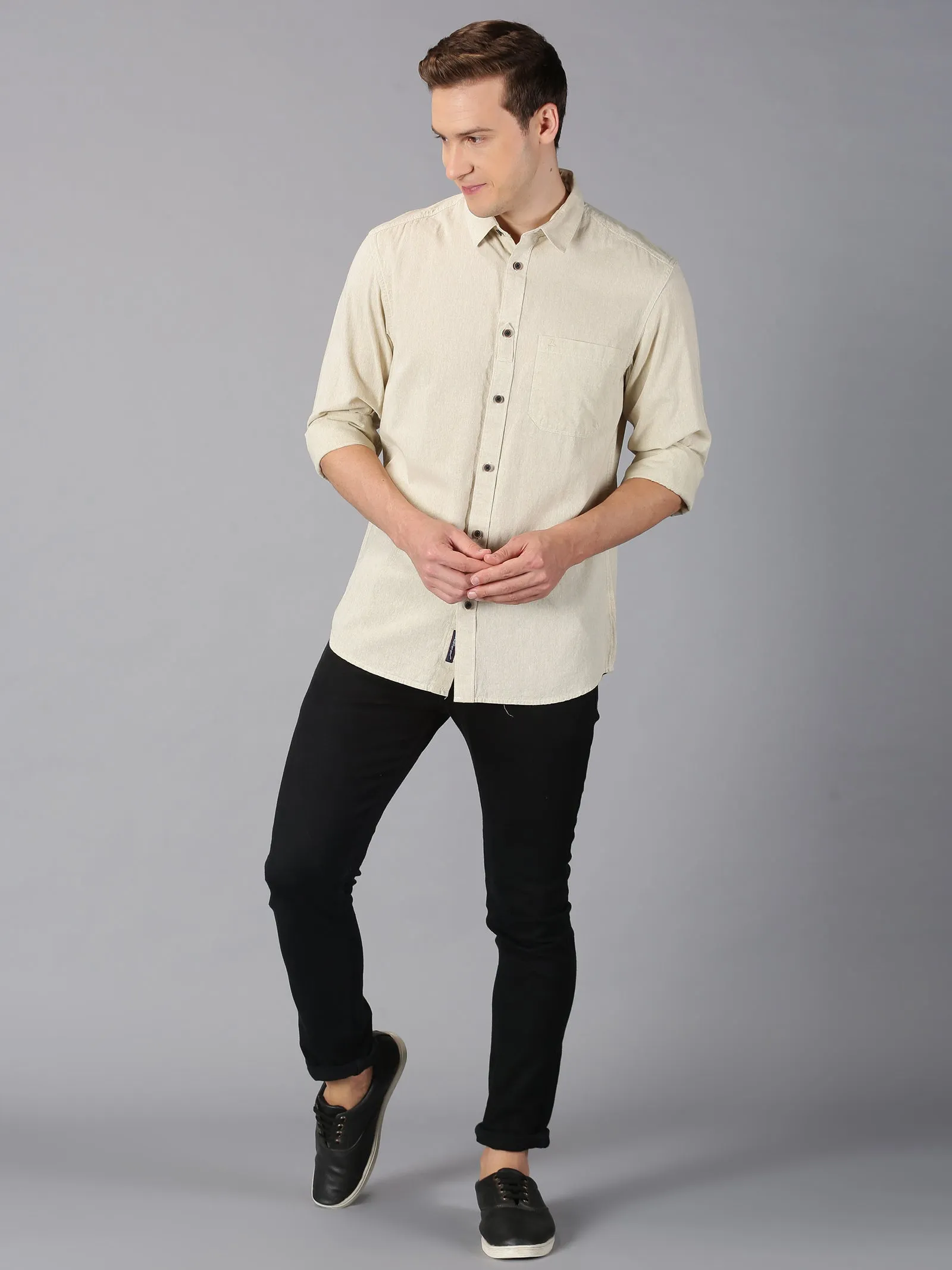 MEN'S BEIGE SOLID SLIM FIT SHIRT