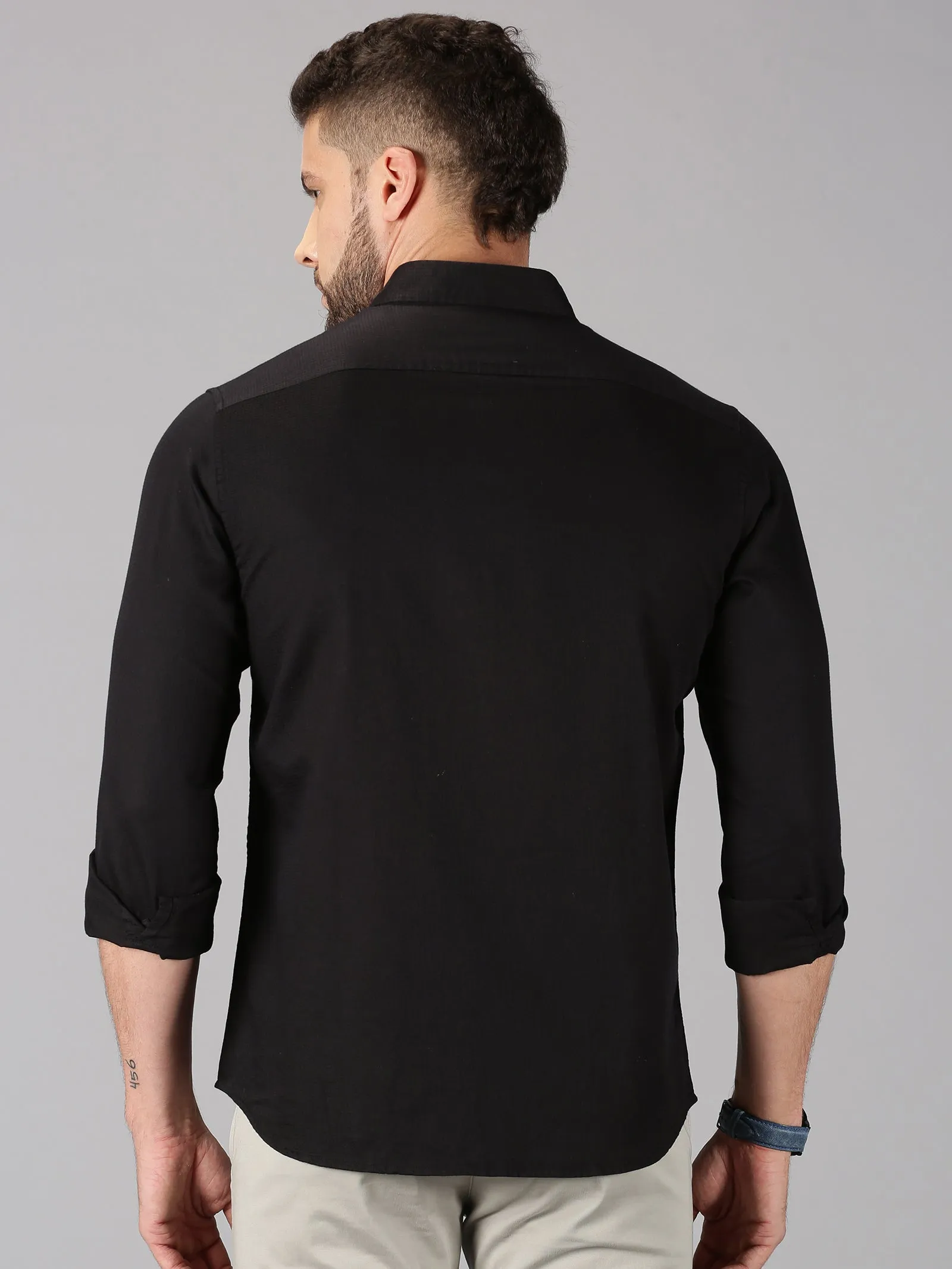 MEN'S BLACK DOBBY SLIM FIT SHIRT