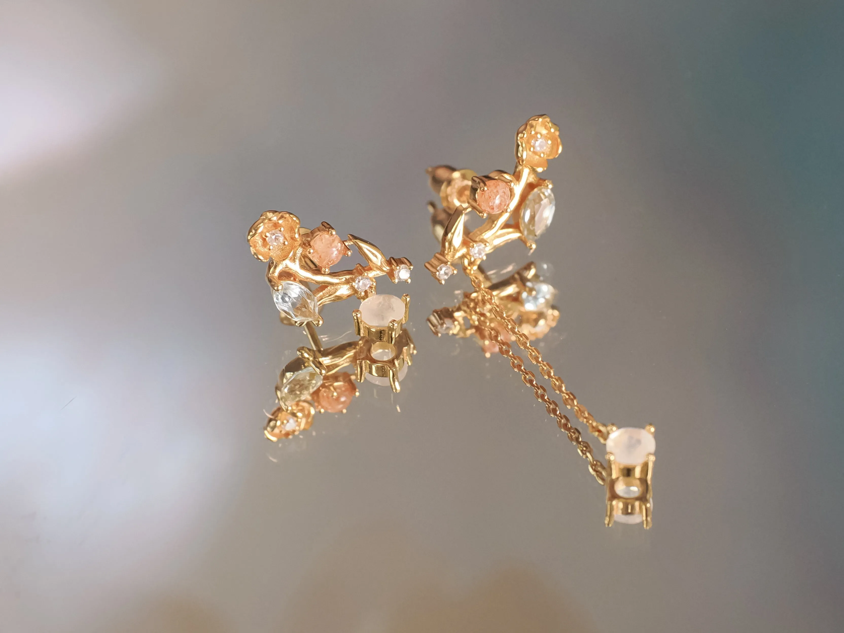 Moonstone, Sunstone, Blue Topaz Gold Asymmetrical Earrings - Lily of the Valley