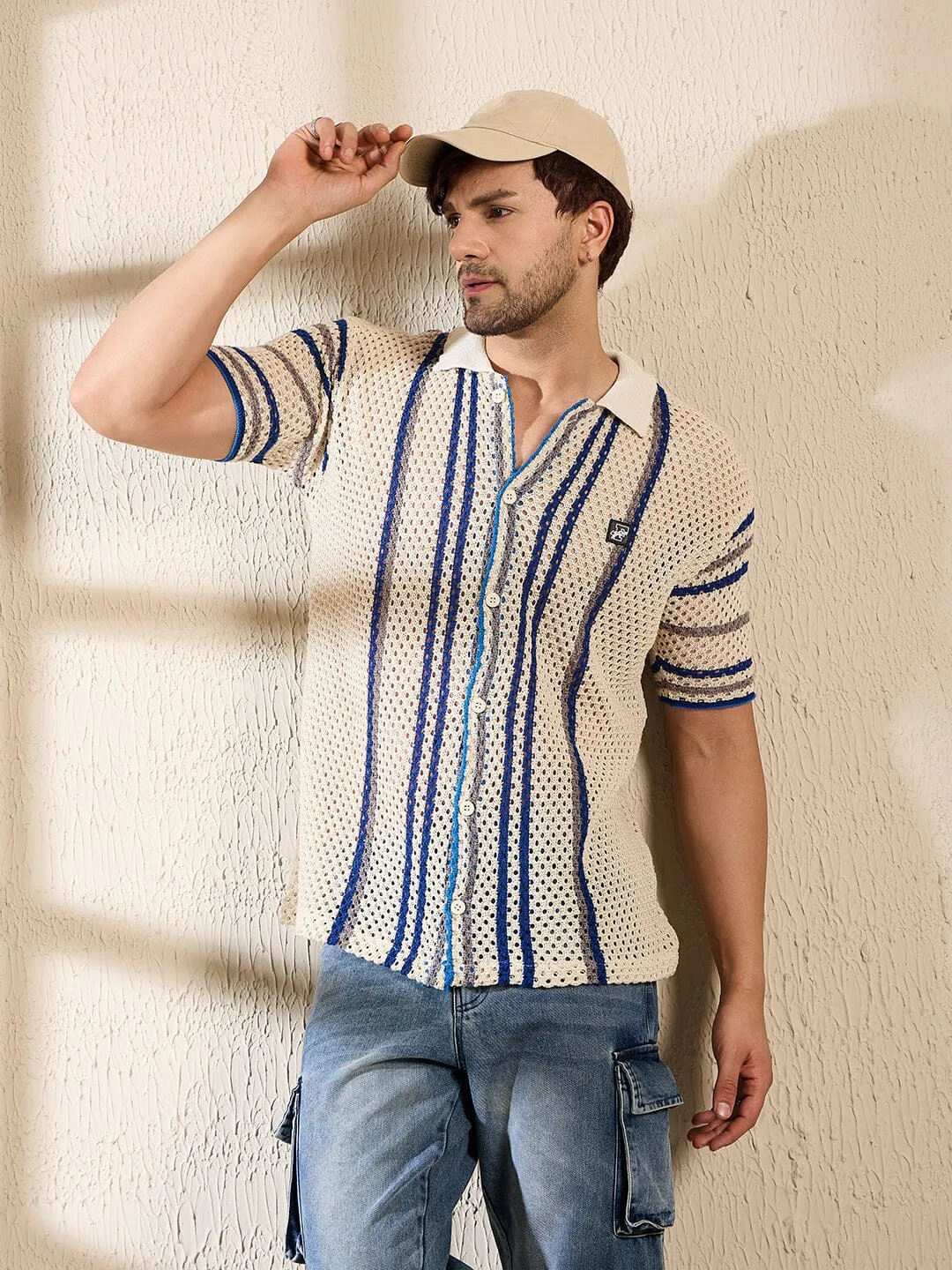 Off White Navy Striped Crochet Knitted Shirt