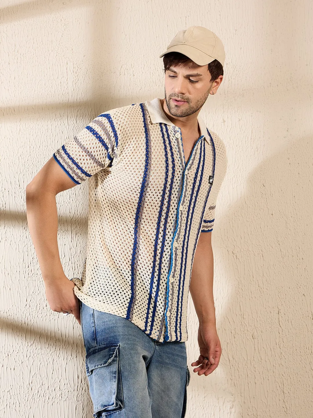 Off White Navy Striped Crochet Knitted Shirt