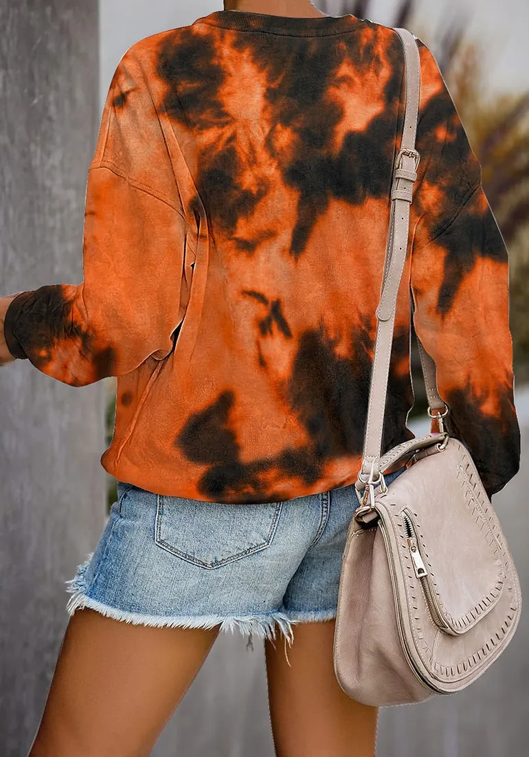 Orange Tie-Dye Crewneck Drop Shoulder Pullover Sweater