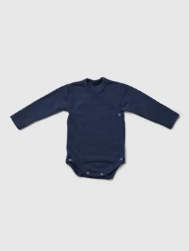 organic merino wool and silk long-sleeved baby crossover onesie - navy