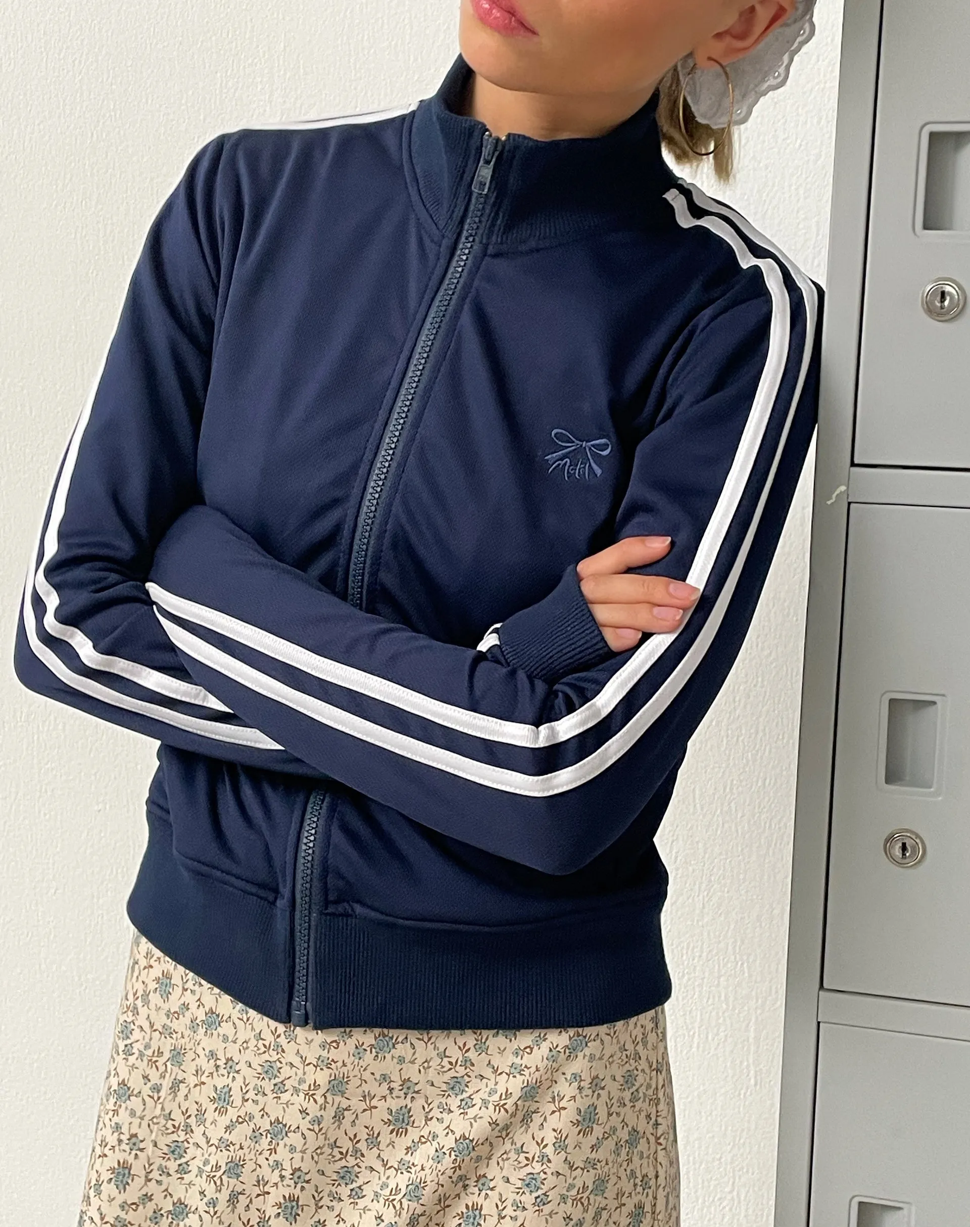 Orion Zip Up Jumper in Navy with White Stripes and M Embroidery