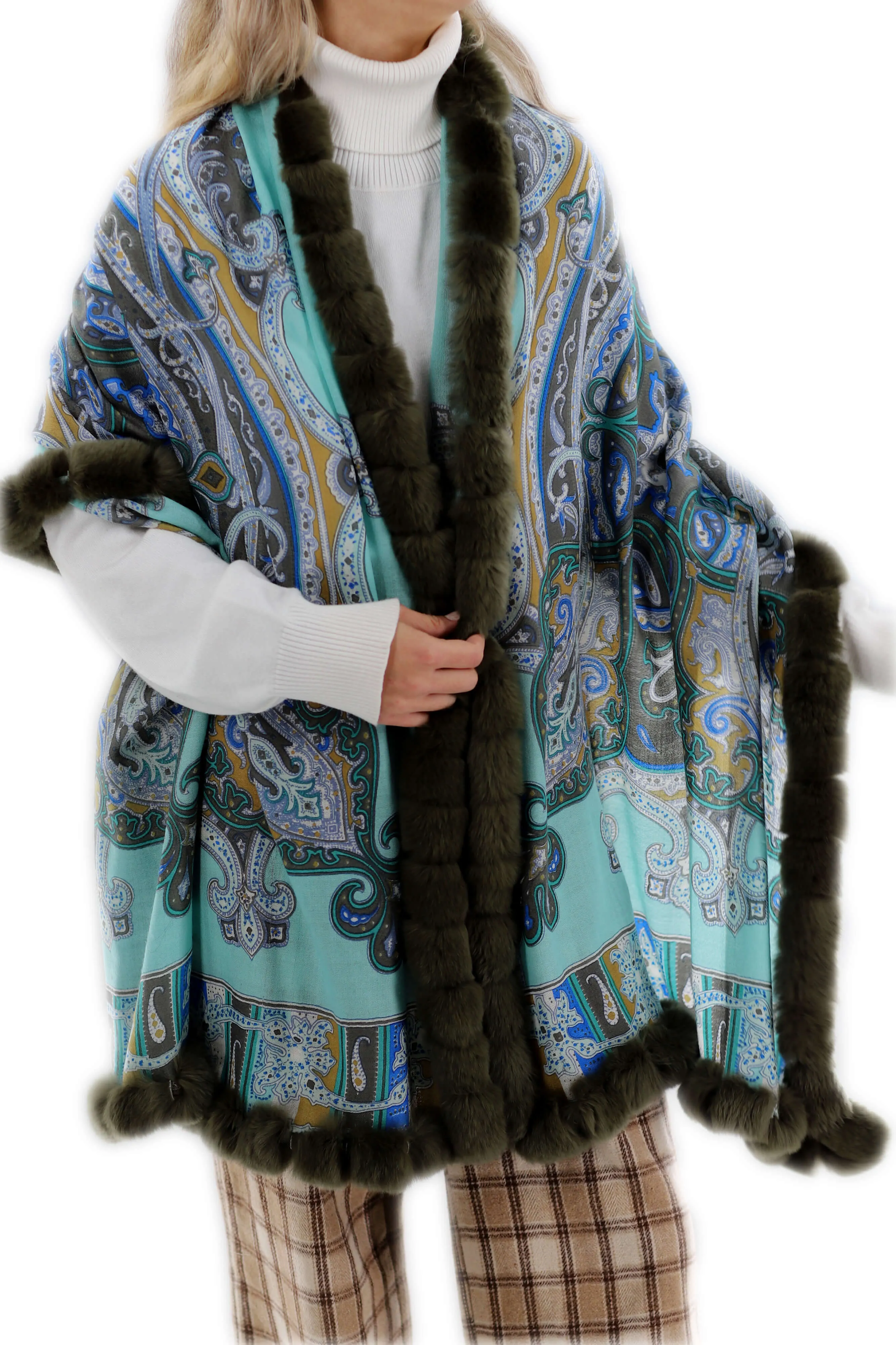 Paisley Print 100% Wool Wrap with Rex Fur Trim - Olive