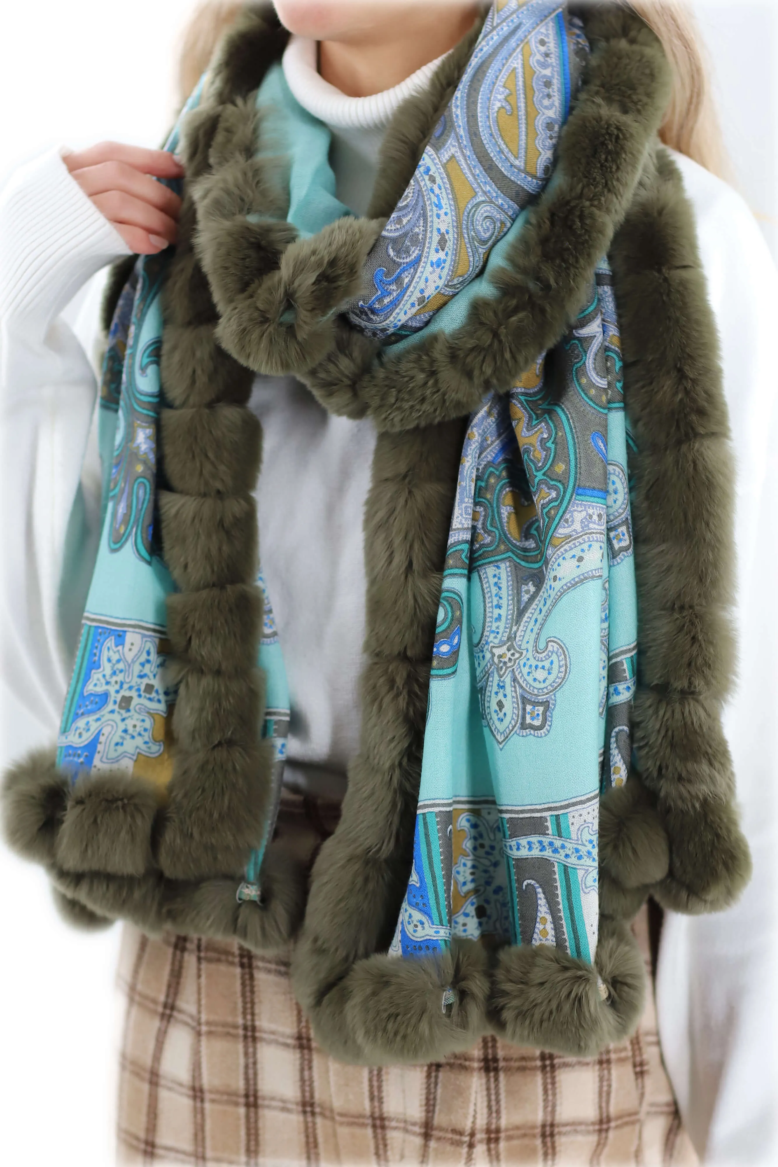 Paisley Print 100% Wool Wrap with Rex Fur Trim - Olive