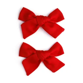 Pigtail Bows - Bright Red Linen