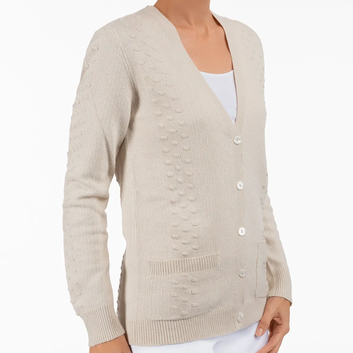 Pom Pom Cardigan in Beige