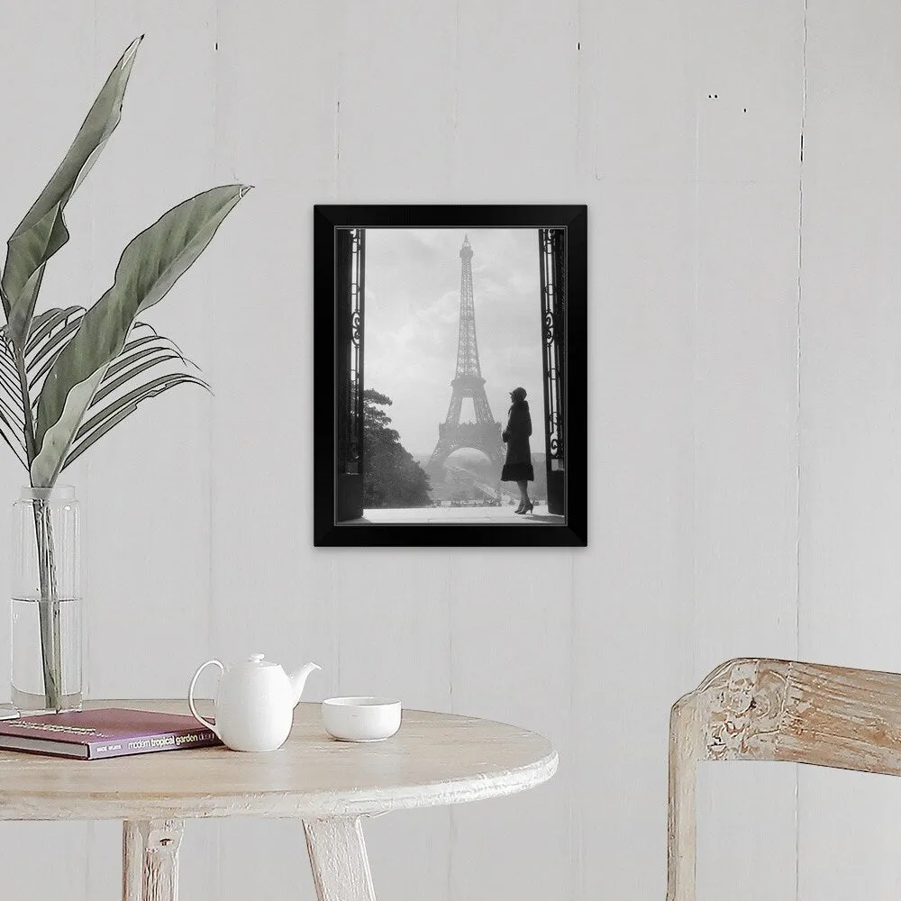 "1920's Anonymous Silhouetted Woman Standing Across From The Eiffel Tower Pari" Black Framed Print