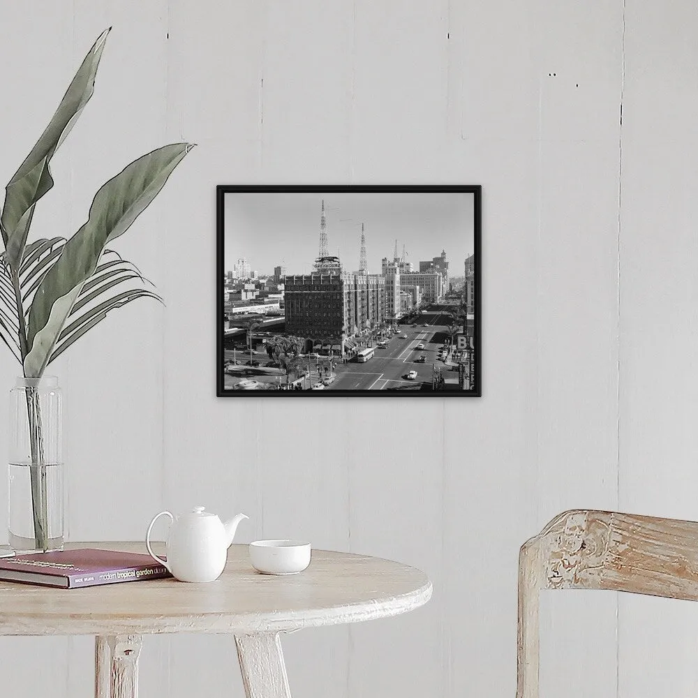 "1950's View Of Downtown And Greyhound Bus Station San Diego CA USA" Black Float Frame Canvas Art