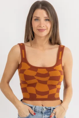 RUST CHECKED KNIT CROP TANK