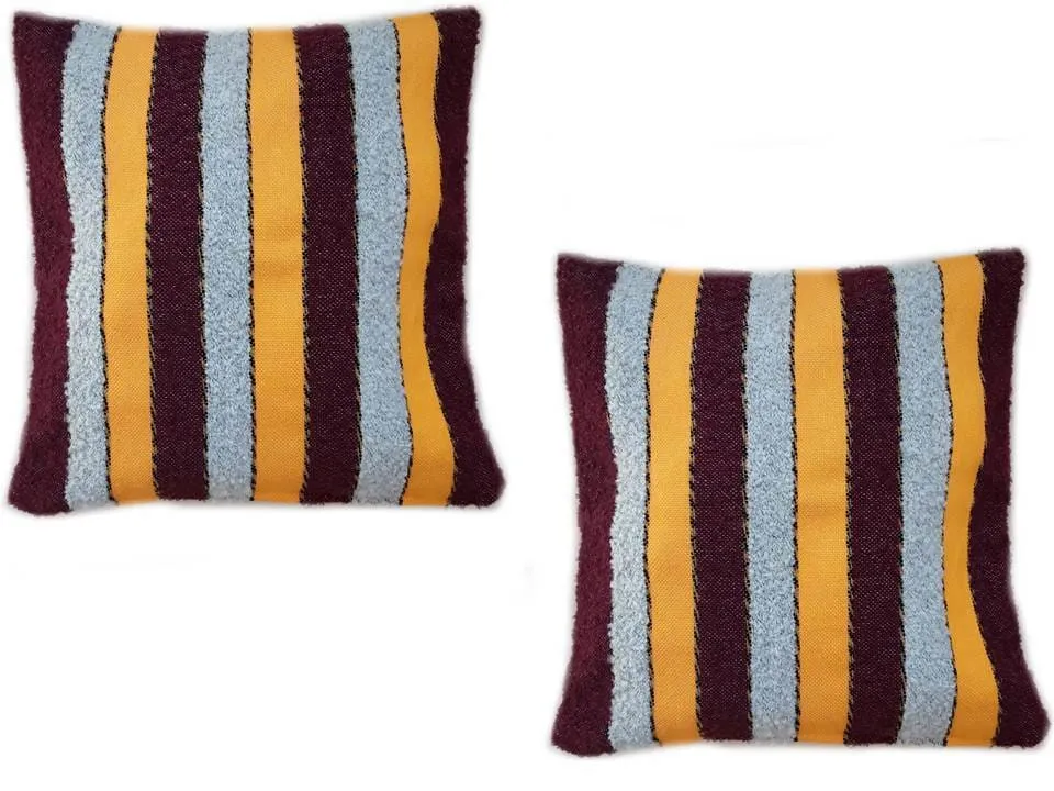 Set of 2 Striped Pillow Covers - Burgundy/Orange/Grey Stripes