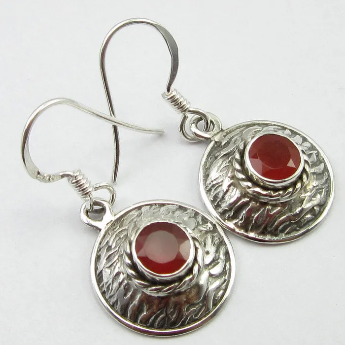 Solid Silver Carnelian Basket Weave Disc Drop Earrings