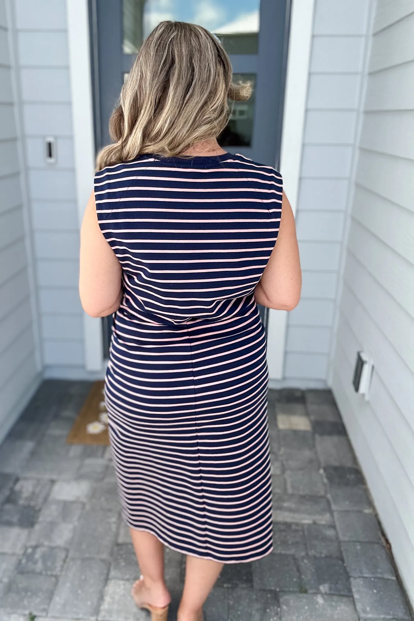 STRIPED TWISTED KNOT MIDI DRESS - Navy   Pink