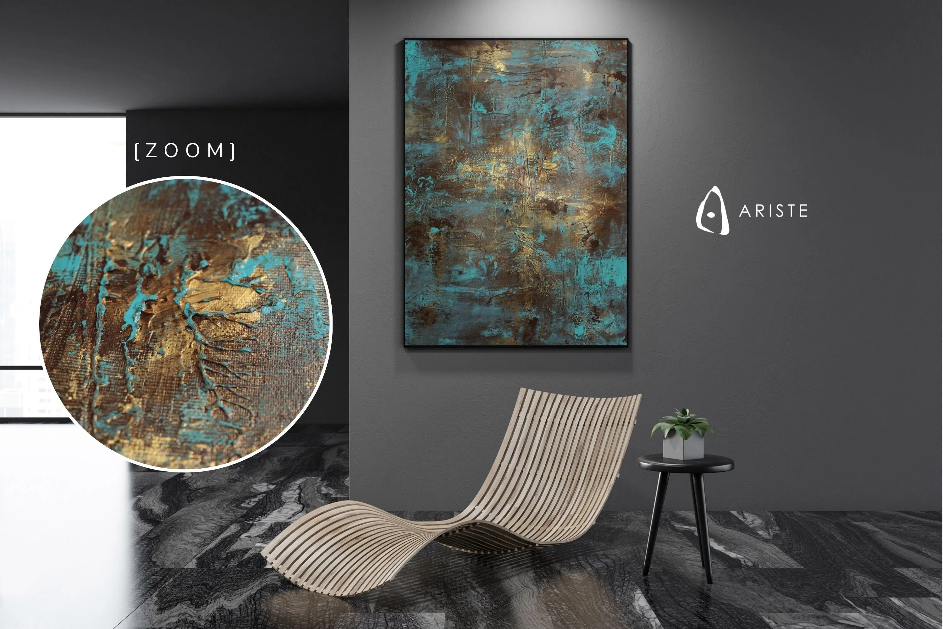 Teal & gold abstract oversized wall art made to order in a custom size