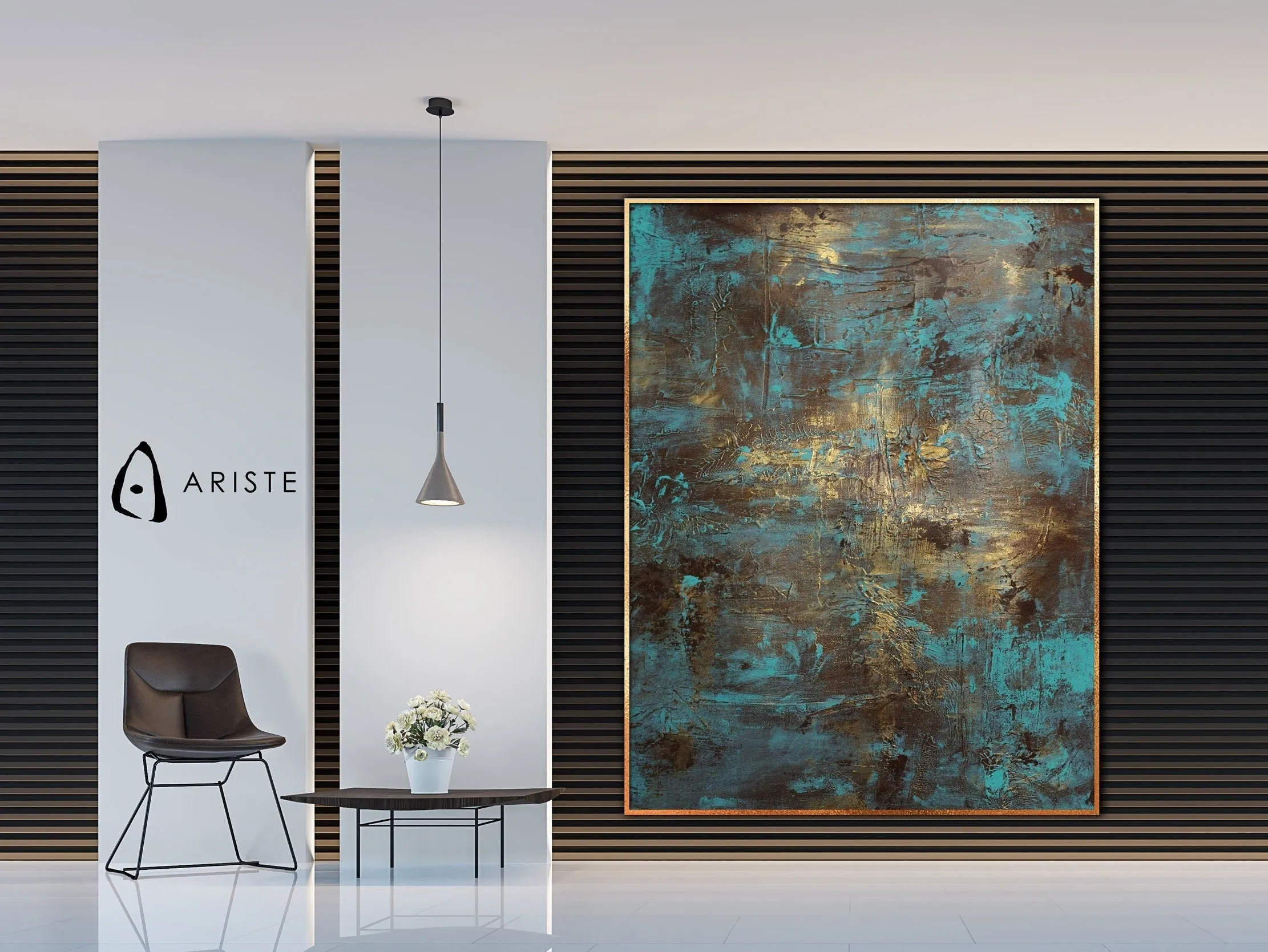 Teal & gold abstract oversized wall art made to order in a custom size