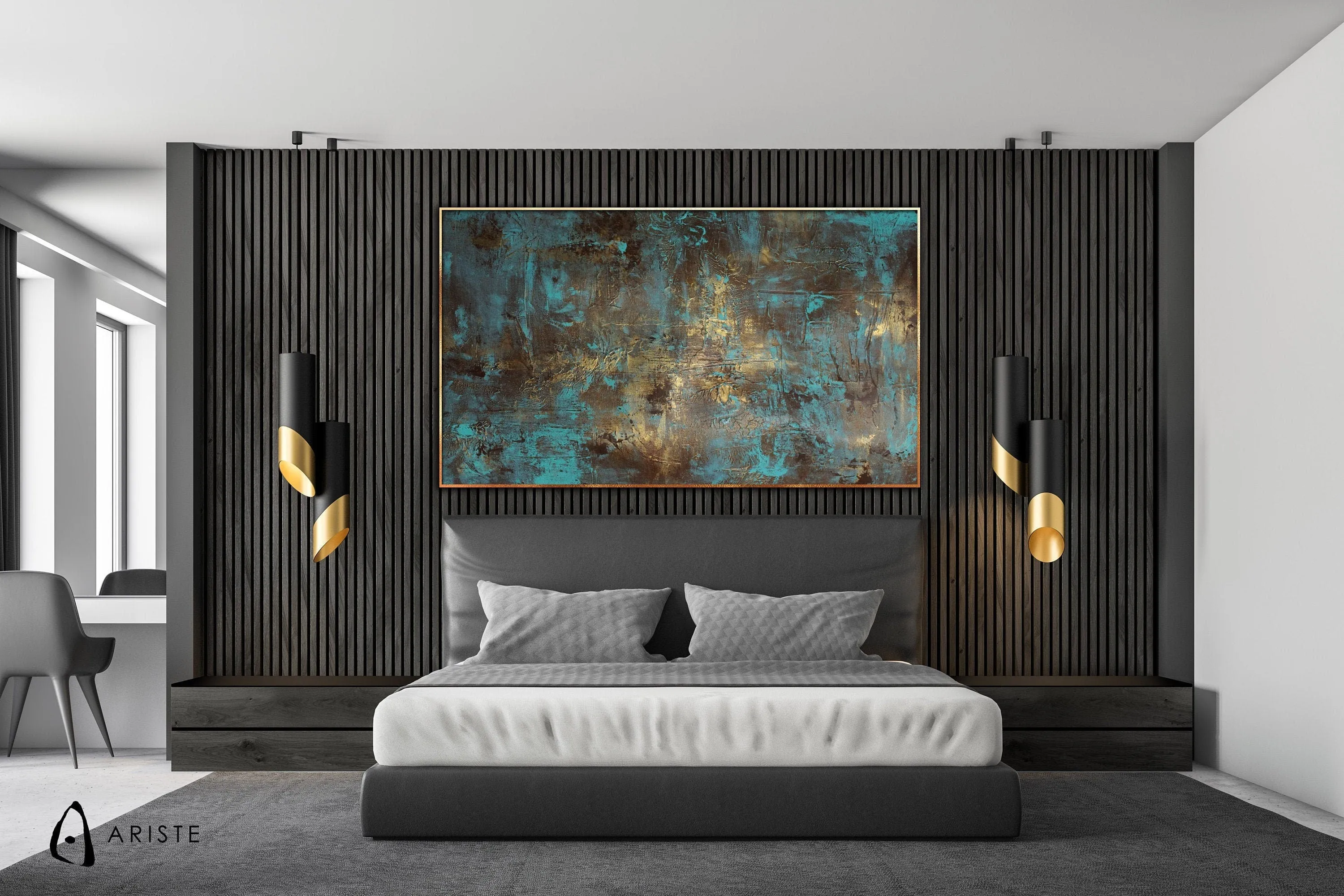 Teal & gold abstract oversized wall art made to order in a custom size