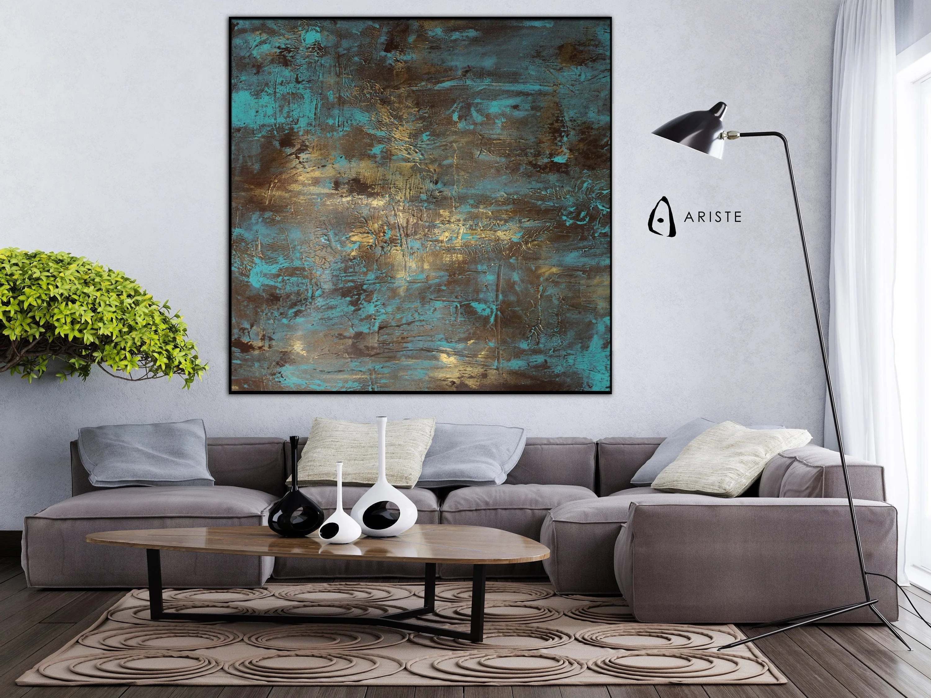 Teal & gold abstract oversized wall art made to order in a custom size