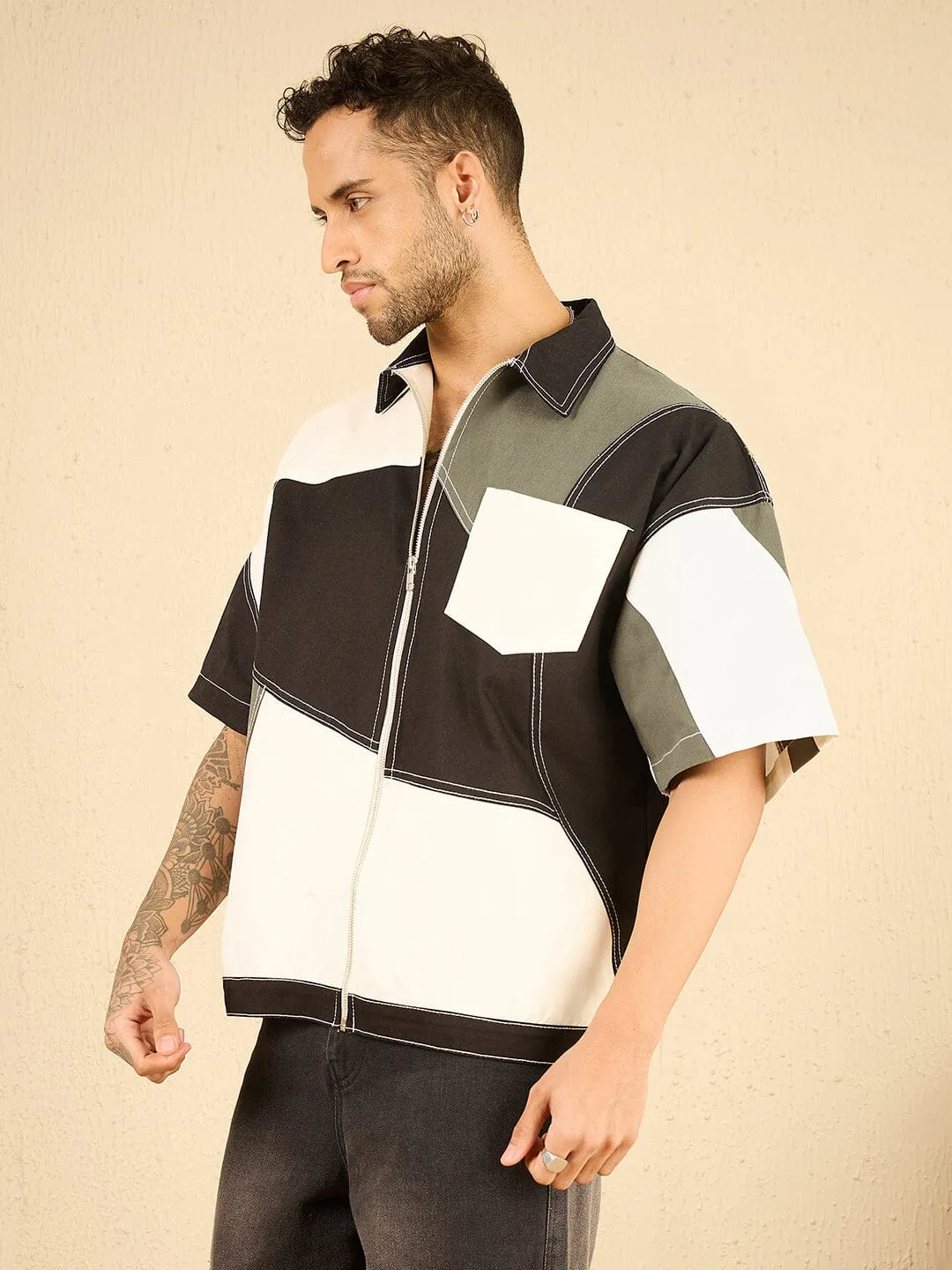 Tri Colour Cut And Sew Zipped Shirt