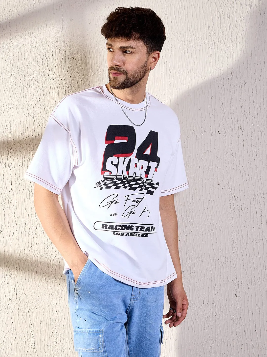 White Racing Graphic Oversized Tshirt