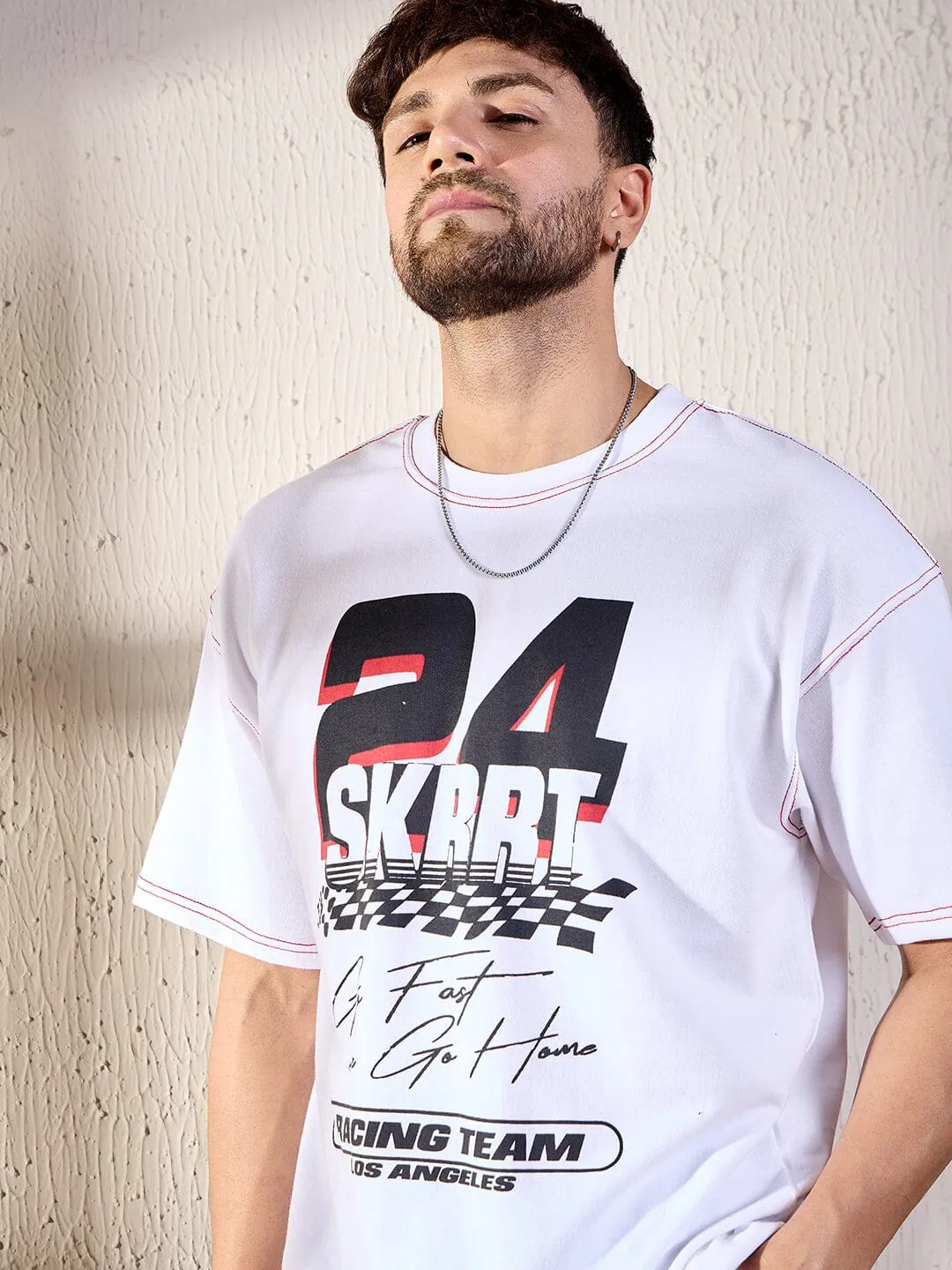 White Racing Graphic Oversized Tshirt