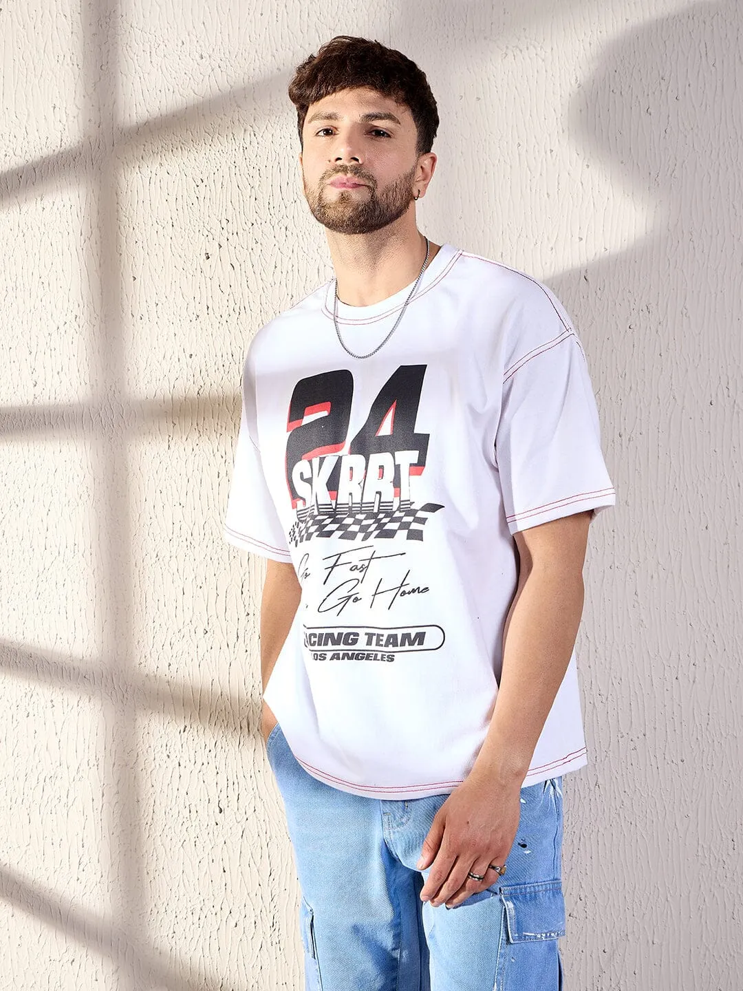 White Racing Graphic Oversized Tshirt