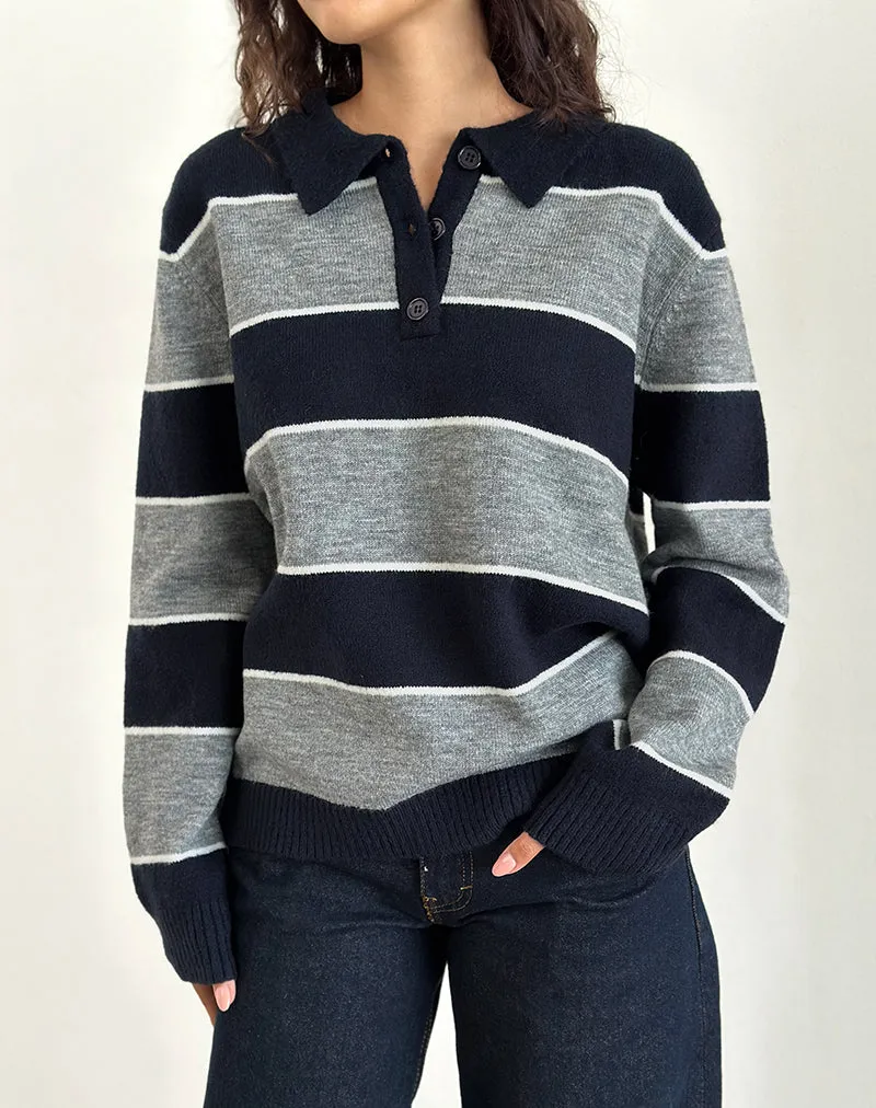 Yusnada Oversized Rugby Jumper in Navy and Grey Stripe